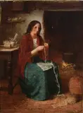 George Washington Brownlow, Cottage Interior with a Woman plaiting Straw, oil on canvas