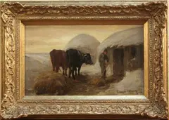 Joseph Denovan Adam, Daily Chores' (View of a Farmstead with a Figure spreading Straw on Snow-covered Ground near Cattle), oil on canvas laid on board