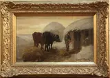 Joseph Denovan Adam, Daily Chores' (View of a Farmstead with a Figure spreading Straw on Snow-covered Ground near Cattle), oil on canvas laid on board