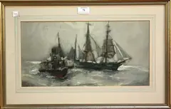 Study of a Paddle Steamer and Sailing Vessel by Frank Henry Mason, watercolour and gouache, sold Jun 2011