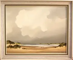 André de Lievin, Coastal View with a Moored Boat in a Cove, oil on canvas
