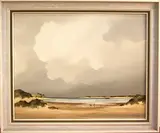 André de Lievin, Coastal View with a Moored Boat in a Cove, oil on canvas