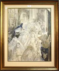 Claude Bendall, Study of a Young Girl at her First Communion with Attendant Nuns, 1957, watercolour and gouache