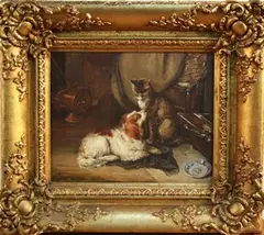 S.M. Smythe, Study of a King Charles Spaniel and Cat in a Cottage Interior, mid/late 19th Century oil on board