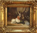 S.M. Smythe, Study of a King Charles Spaniel and Cat in a Cottage Interior, mid/late 19th Century oil on board