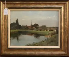 George Charles Haité, Cattle and Figures by a Lock, oil on board