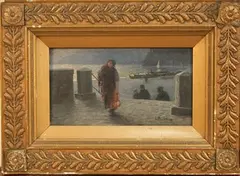 Luigi Paolillo, View of a Harbour at Twilight with Figures walking from Boats, 1911, oil on panel