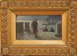 Luigi Paolillo, View of a Harbour at Twilight with Figures walking from Boats, 1911, oil on panel