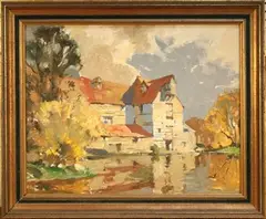 Jack Merriott, View of a Watermill and Stream, oil on board