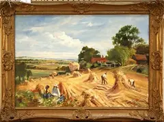 Robert Dumont-Smith, Landscape with Figures baling Hay, oil on canvas