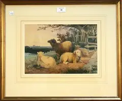 Frederick E. Valter, Study of Sheep near a Stile, Windsor Castle in the distance, 1882, watercolour