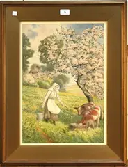Joseph Kirkpatrick, Landscape with Woman carrying a Pail of Water towards Calves feeding beneath a Tree in Blossom, watercolour