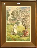 Joseph Kirkpatrick, Landscape with Woman carrying a Pail of Water towards Calves feeding beneath a Tree in Blossom, watercolour