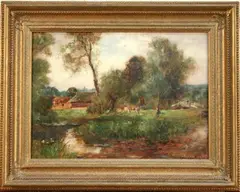Yeend King, Landscape with River and Cattle, oil on board