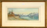 Charles Jones Way, Mountainous Landscape with Figures on the Bank of a Lake, possibly Switzerland, 1885, watercolour