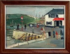 Fred Yates, View of Fowey Harbour, Cornwall, with Figures on the Quayside, oil on board