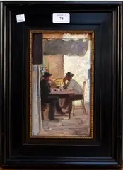 Joseph E. Hörwarter, Interior of a Café with Two Figures seated at a Table, oil on board