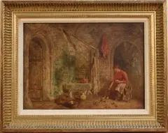 Alfred Provis, Woman feeding Chicks on a Flagstone Floor, oil on board