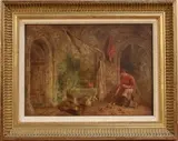 Alfred Provis, Woman feeding Chicks on a Flagstone Floor, oil on board