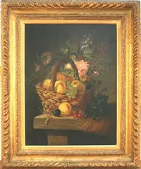 W. Miitler, Still Life Study of Flowers and Fruit on a Table, oil on canvas