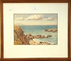 John Ernest Aitken, Coastal View with Gulls and Sailing Vessels viewed from a Headland, watercolour