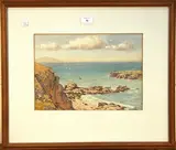 John Ernest Aitken, Coastal View with Gulls and Sailing Vessels viewed from a Headland, watercolour