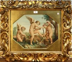 P. Toschi, Three Cherubs forging Weapons at a Pool of Water within a Rocky Landscape, watercolour
