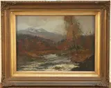 Archibald Kay, Highland Landscape with River and Forest, Mountains beyond, oil on board