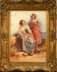 James Curnock, Portrait of Two Young Female Fisherfolk in a Coastal Landscape, watercolour