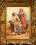 James Curnock, Portrait of Two Young Female Fisherfolk in a Coastal Landscape, watercolour