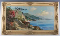 J. Vern, Italian Coastal View with Steps leading to Houses, oil on canvas