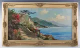 J. Vern, Italian Coastal View with Steps leading to Houses, oil on canvas