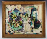 Arthur Lutenbacher, Abstract Still Life with Tazza of Grapes beside Decanters, oil on canvas
