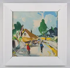 George Deakins, Figures on a Village Road, mid/late 20th century acrylic on board