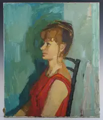 Gerald Rose, Half Length Profile Portrait of a Seated Lady wearing a Striped Summer Dress, oil on canvas