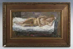 Gerald Rose, Female Nude lying on a White Bedsheet, oil on board