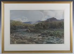 Landscape with River and Mountains by Alfred de Breanski Senior, 1880, watercolour, sold Oct 2024
