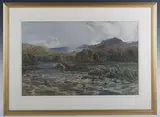Alfred de Breanski Senior, Landscape with River and Mountains, 1880, watercolour