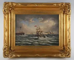 J. de Maré, British Sailing Vessel and French Paddle Steamer in Coastal Waters, 1874, oil on canvas