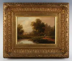 E. Horton, Woman walking on a Riverside Path, oil on board