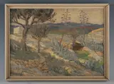 Katharine Frances Clausen, Trees in a rocky landscape, oil on board