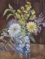 Peter Sanderson, Blue Jar & Flowers, late 20th/early 21st century oil on board