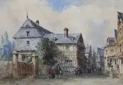 William Oliver, Continental Street Scene with Figures, watercolour with gouache