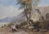 David Cox Junior, Figures by a Cottage in a Highland Landscape, watercolour
