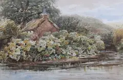 James Orrock, A Study’ (River Scene with Thatched Cottage), watercolour