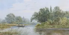 Edward Beacham Lait, River Landscape with Figures in a Punt, 1882, watercolour