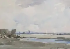 Edward Wesson, Estuary Landscape with Windmill, watercolour