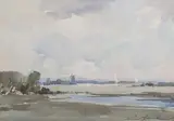 Edward Wesson, Estuary Landscape with Windmill, watercolour