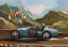 Dion Pears, Bugatti racing in an Italianate Landscape, oil on canvas-board