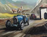 Dion Pears, Bugatti racing an Alfa Romeo, oil on canvas